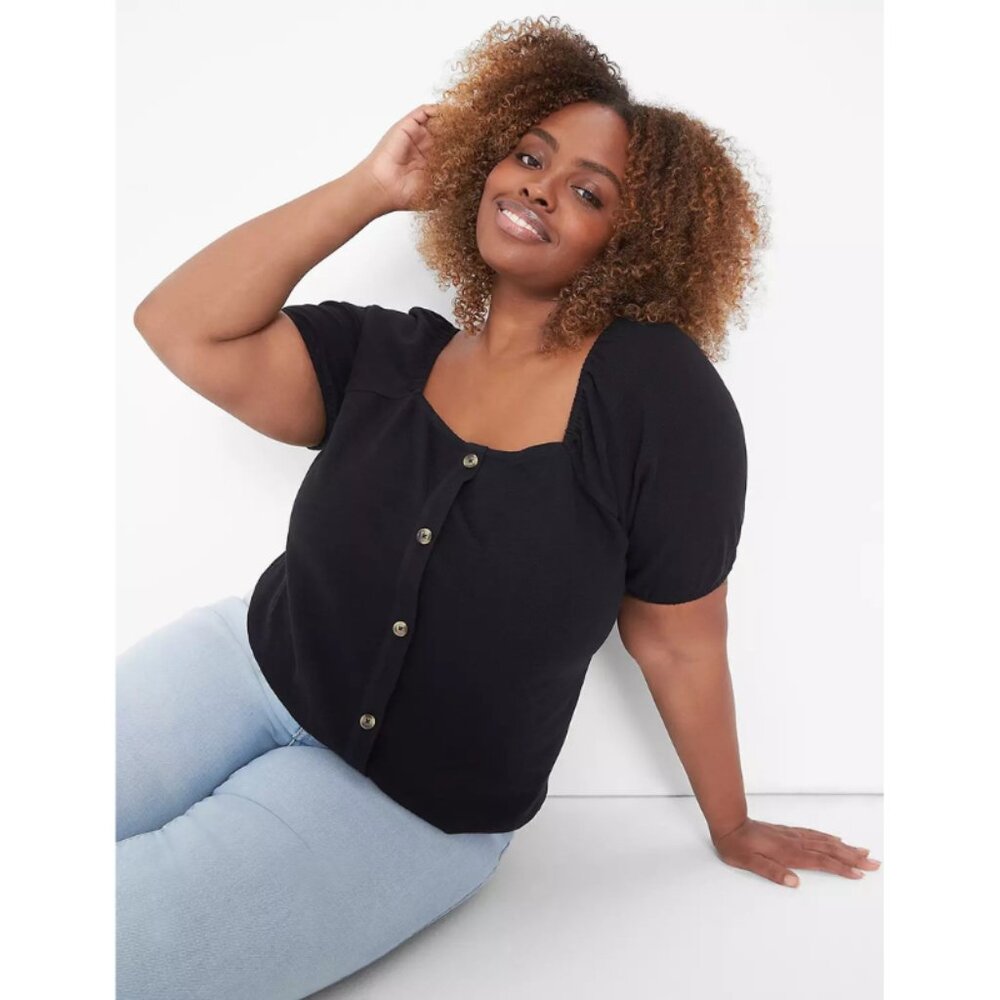 Lane Bryant Square-Neck Button-Front Puff Sleeve Top
